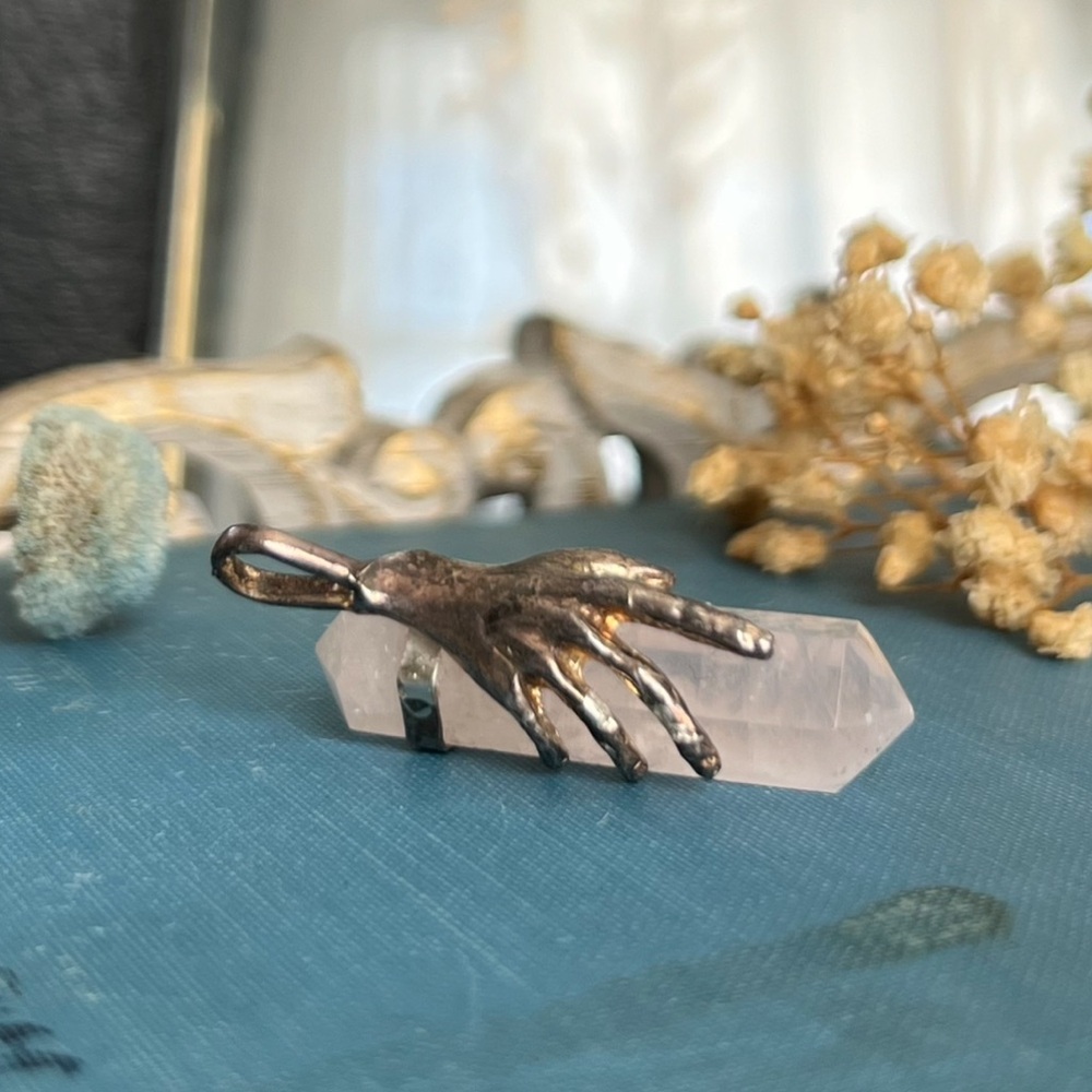 Vintage Sterling Silver Hand Pendant with Rose Quartz Point